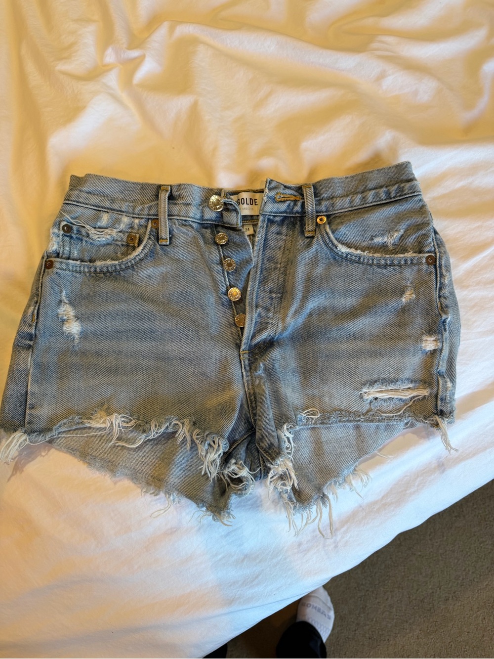 Agolde Light Blue Distressed Button-Front Denim Shorts